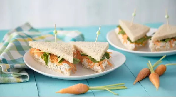 Sanduíche do verão, feito por cenoura e alface, em um prato branco.