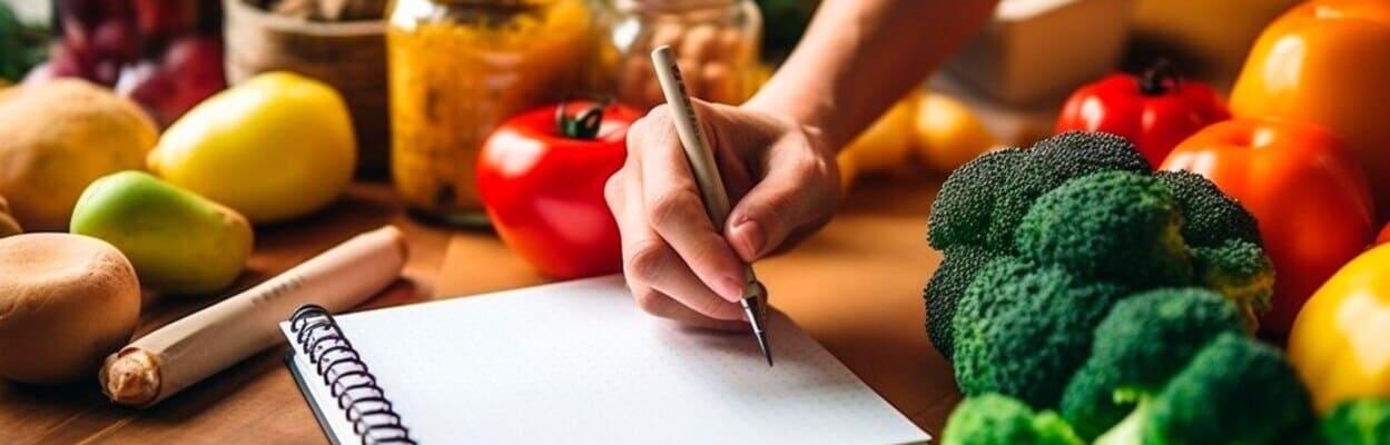Mão de uma mulher segurando uma caneta enquanto escreve em um bloco de notas. Ao redor, vemos legumes variados, como brócolis e tomate. A imagem representa o planejamento alimentar.